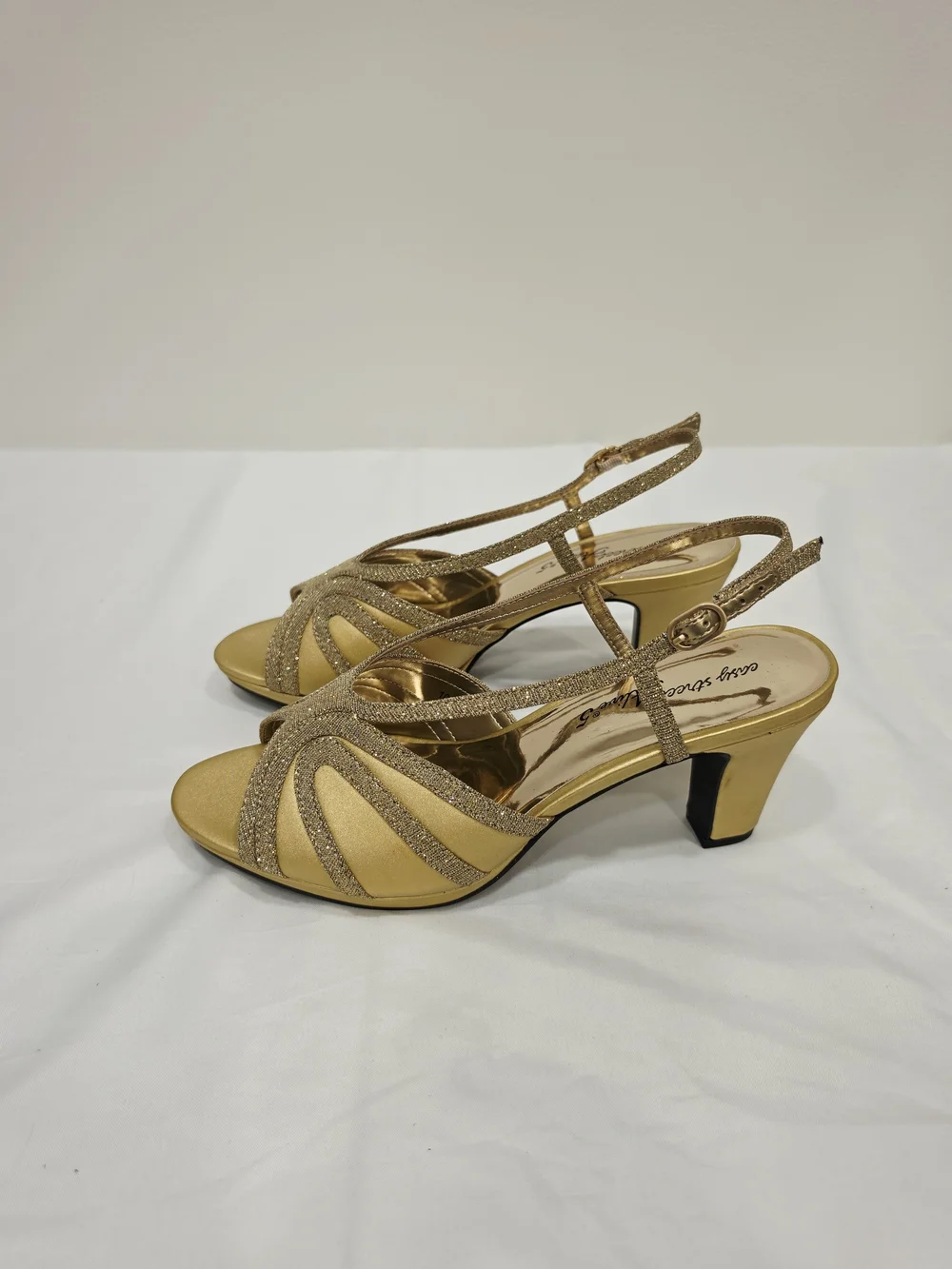 easy street Gold Satin Glitter Starlight Wide Size 10 Slingback Heels